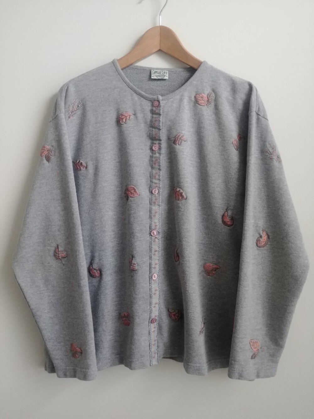 Cottage Cove XL embroidered sweatshirt cardigan grey with pink cotton blend